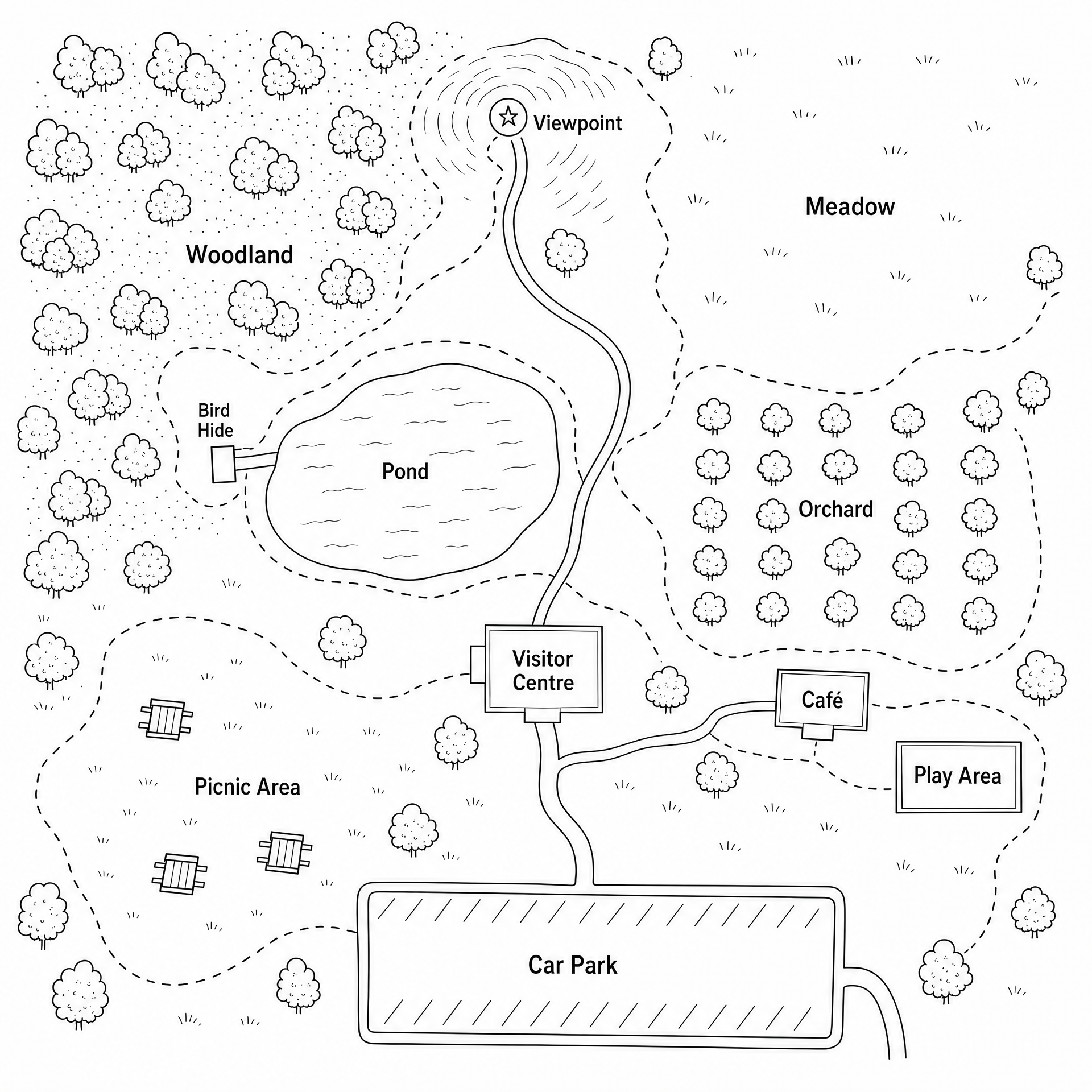 A black-and-white hand-drawn outdoor map of a country park showing a car park at the bottom, visitor centre, picnic area, pond with bird hide, woodland, viewpoint, meadow, orchard, café, and play area connected by winding paved and unpaved trails.