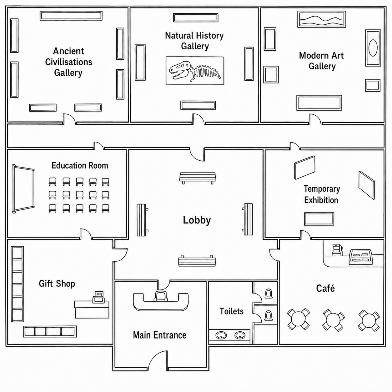 A black-and-white hand-drawn floor plan of a museum visitor wing.
