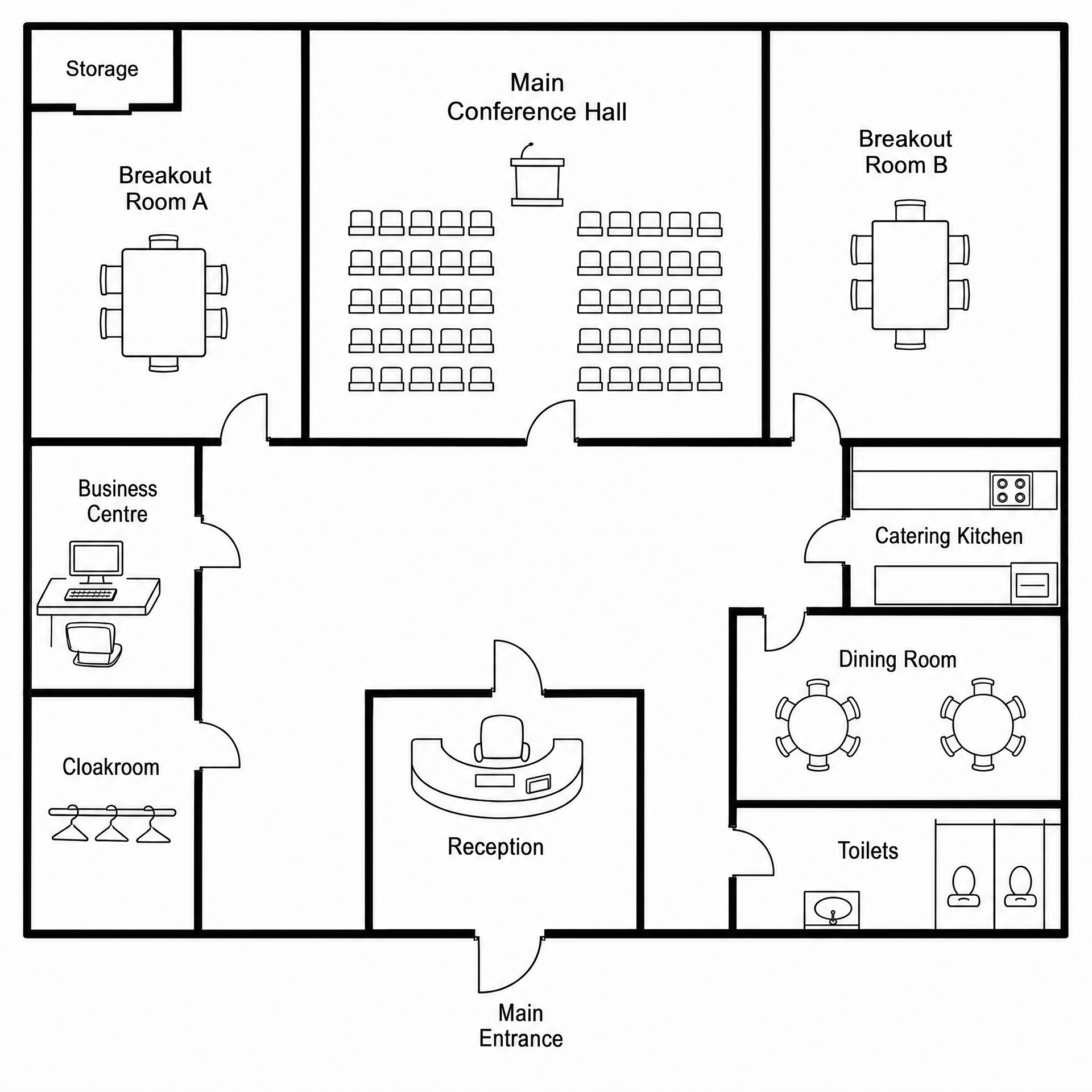 A black-and-white hand-drawn floor plan of a hotel conference centre showing the Main Entrance and Reception at the bottom, a central corridor, Main Conference Hall, Breakout Rooms A and B, Business Centre, Storage, Catering Kitchen, Dining Room, Cloakroom, and Toilets.
